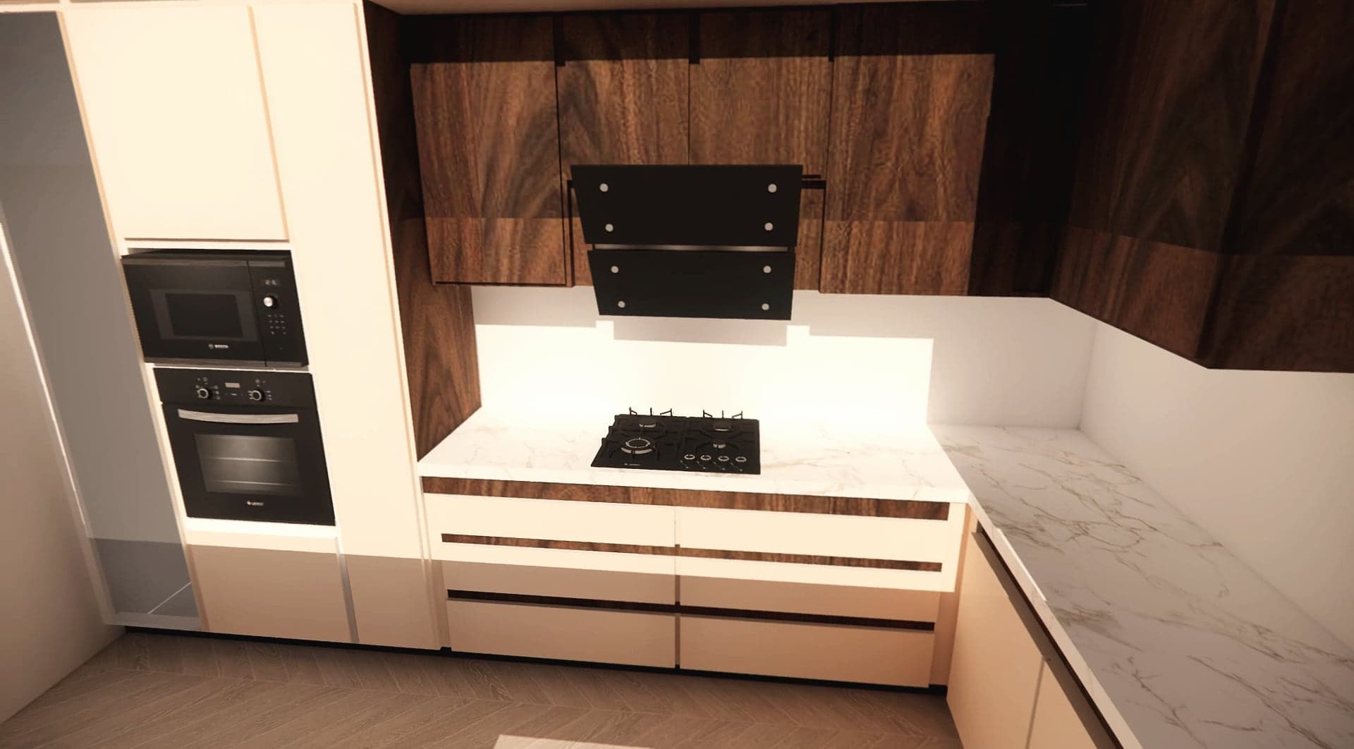 Kitchen with walnut wall units, a black extractor, marble-effect worktop and handleless cream drawers