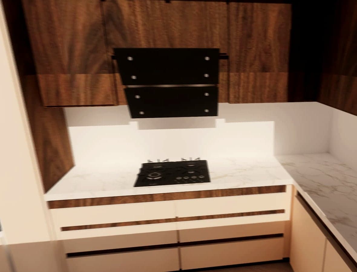 Walnut wall units and a black extractor above a gas hob and cream drawers