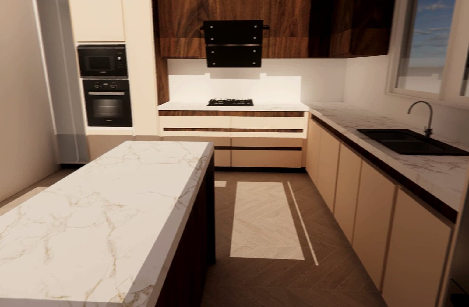 Marble-effect island in front of a run of handleless cream cabinetry
