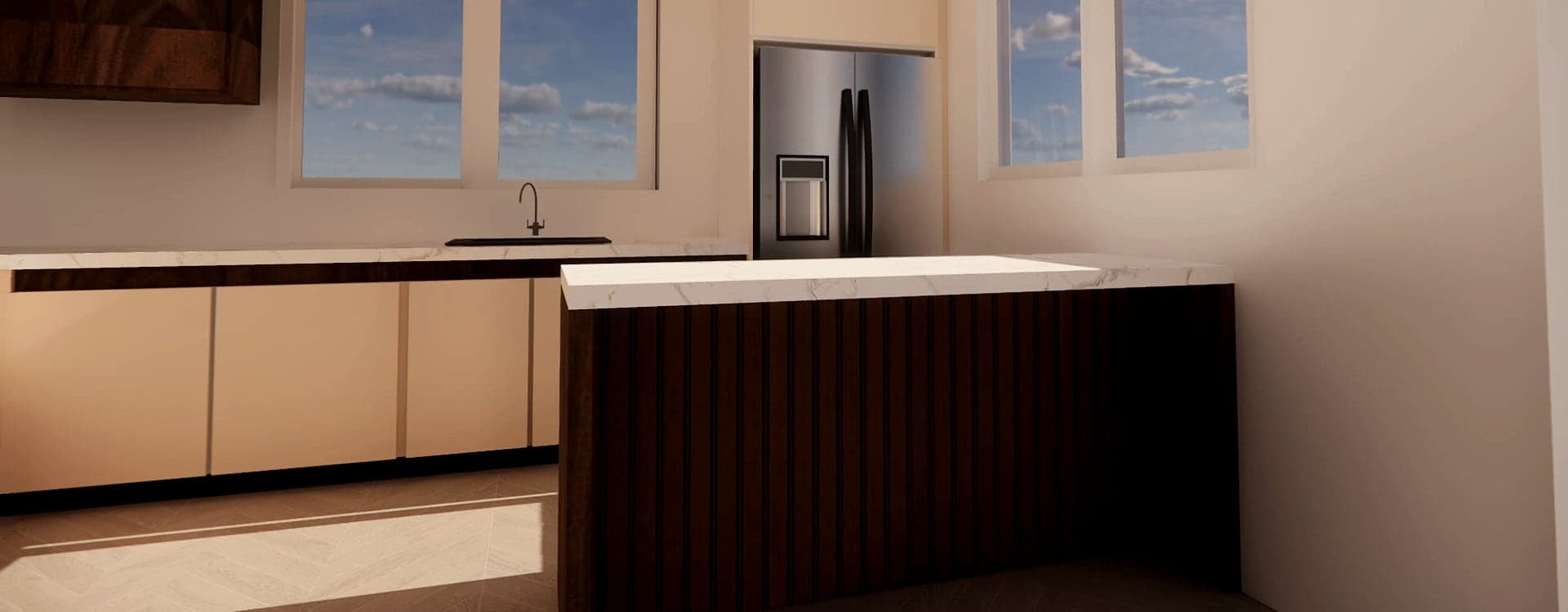 Slatted walnut island beside a run of cream cabinetry beneath two windows